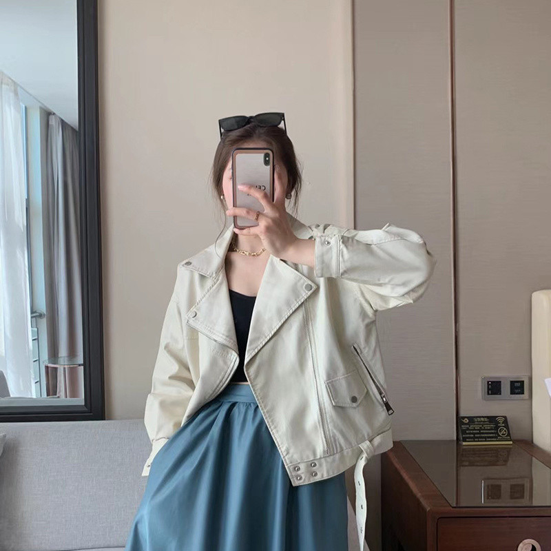 Femei, primăvară, toamnă, haine de stradă, jachetă din piele artificială PU, mânecă liliac, cu curea, maro, guler răsturnat, îmbrăcăminte de îmbrăcăminte