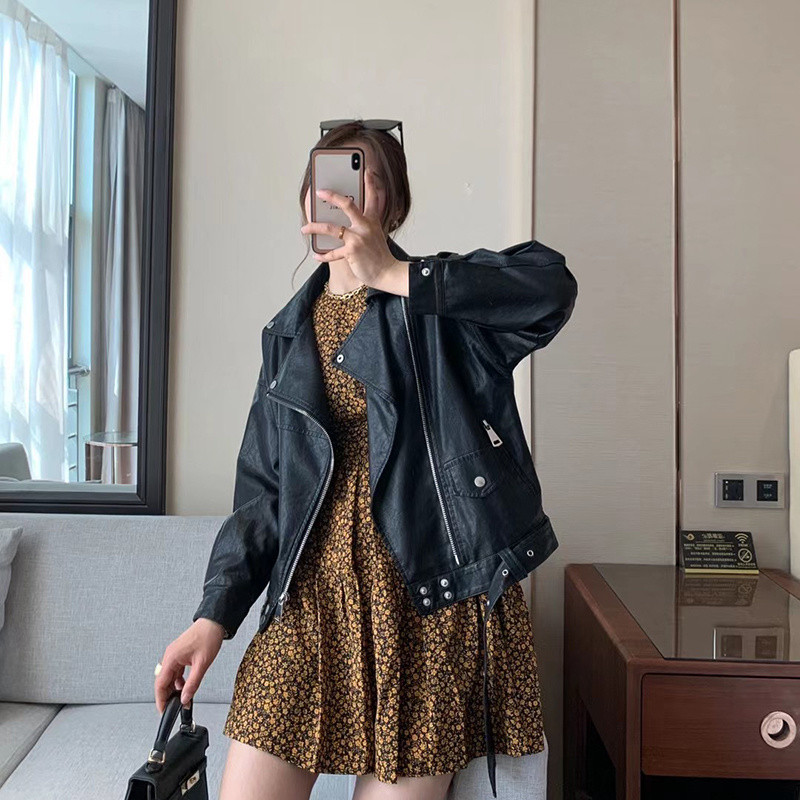 Femei, primăvară, toamnă, haine de stradă, jachetă din piele artificială PU, mânecă liliac, cu curea, maro, guler răsturnat, îmbrăcăminte de îmbrăcăminte