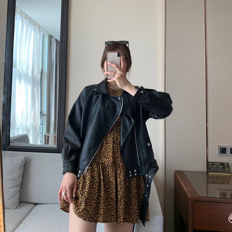 Femei, primăvară, toamnă, haine de stradă, jachetă din piele artificială PU, mânecă liliac, cu curea, maro, guler răsturnat, îmbrăcăminte de îmbrăcăminte