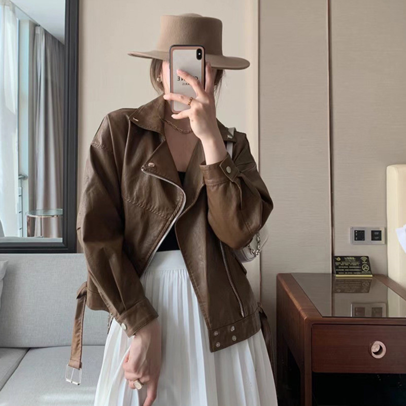 Femei, primăvară, toamnă, haine de stradă, jachetă din piele artificială PU, mânecă liliac, cu curea, maro, guler răsturnat, îmbrăcăminte de îmbrăcăminte
