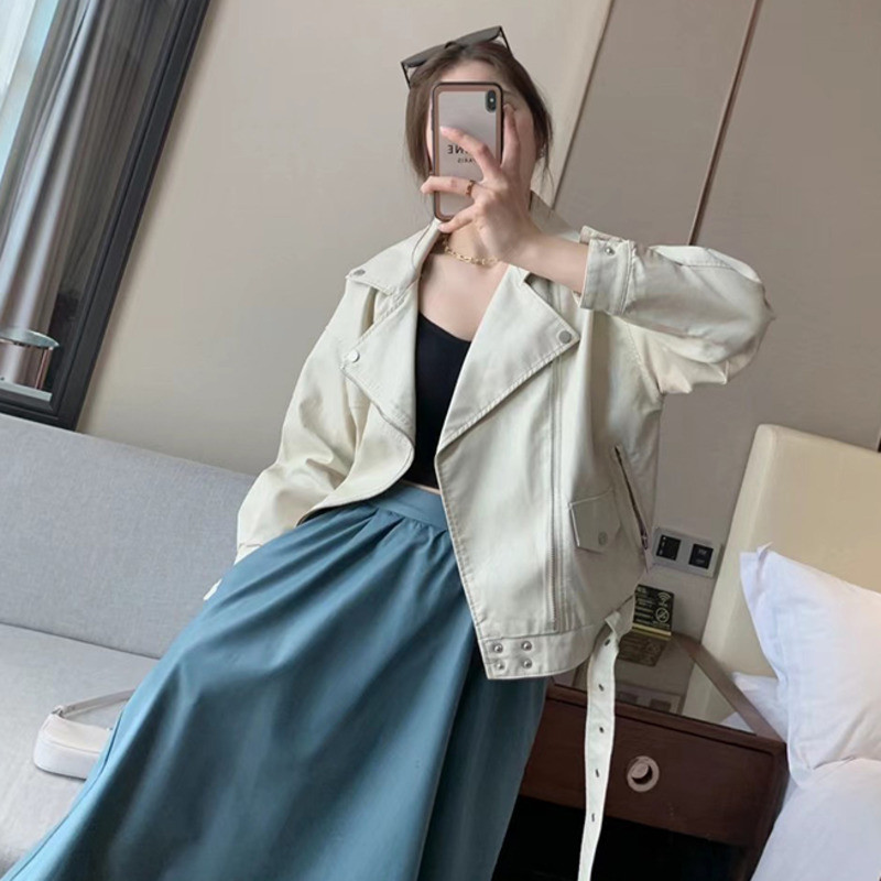 Femei, primăvară, toamnă, haine de stradă, jachetă din piele artificială PU, mânecă liliac, cu curea, maro, guler răsturnat, îmbrăcăminte de îmbrăcăminte