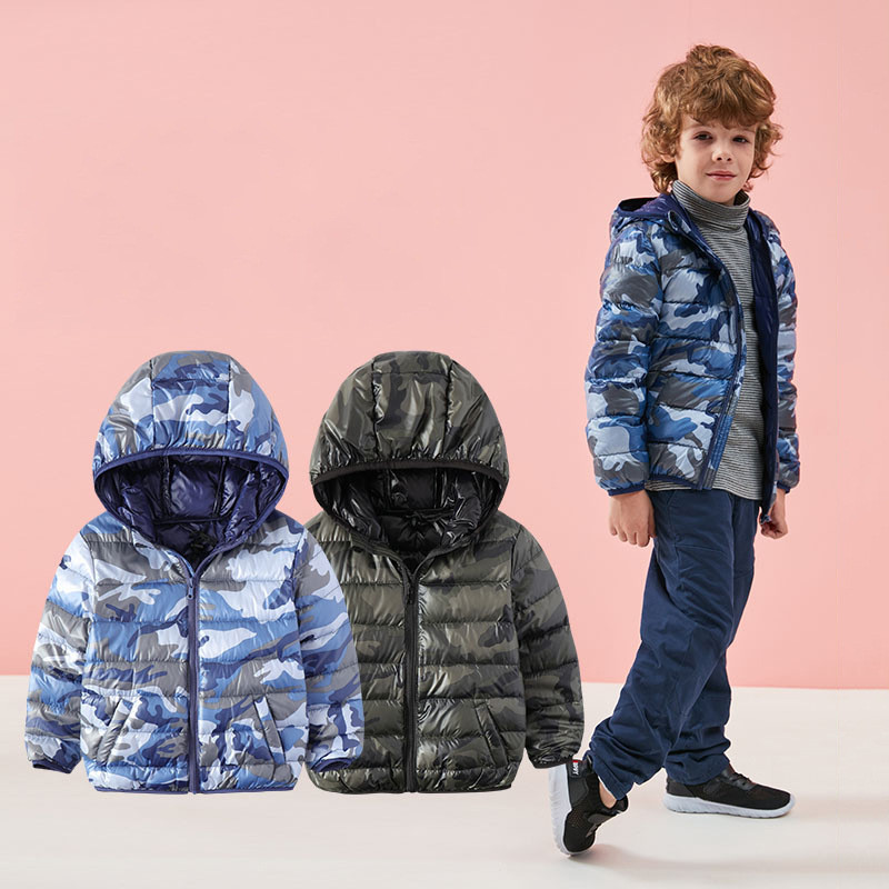 Jachetă de toamnă din puf de rață pentru copii, camuflaj, ușoară, rezistentă la vânt, cu glugă, jachete de iarnă pentru băieți, sugari, îmbrăcăminte exterioară umflată