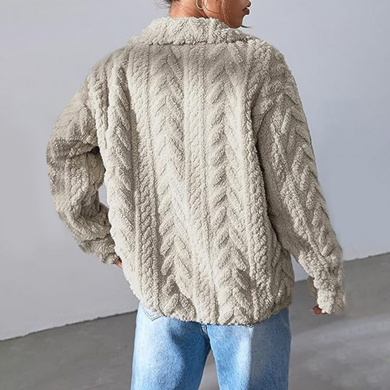 Jachetă de lână gri de iarnă pentru femei, cu fermoar, gât în picioare, cu buzunar cald de pluș, jachete scurte pentru femei Abrigo De Mujer