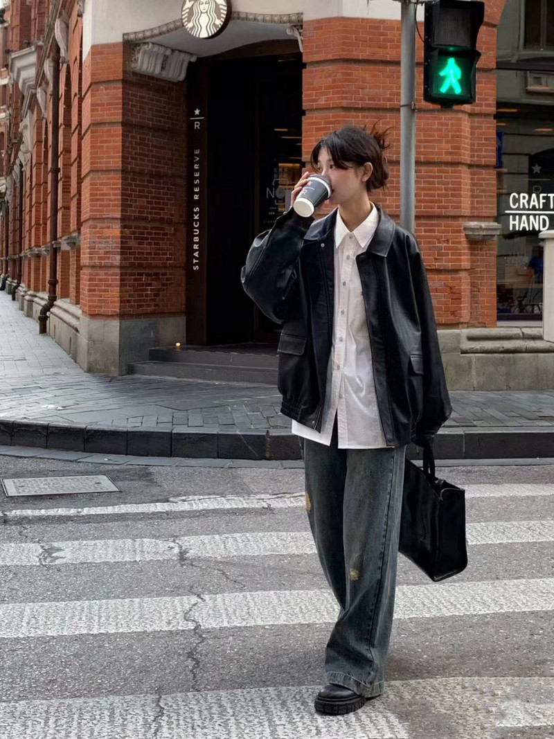 Jachetă vintage din piele PU pentru femei High Street Techwear Mantouri supradimensionate pentru motociclisti BF Punk Imbracaminte exterioară decupată ocazională largi