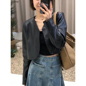 Jachetă decupată cu decolteu în V pentru femei în stil coreean Jachete din piele PU subțire, toamnă, cu mânecă lungă, haine elegante de modă, îmbrăcăminte pentru femei