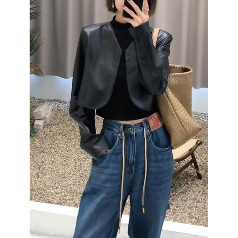 Jachetă decupată cu decolteu în V pentru femei în stil coreean Jachete din piele PU subțire, toamnă, cu mânecă lungă, haine elegante de modă, îmbrăcăminte pentru femei