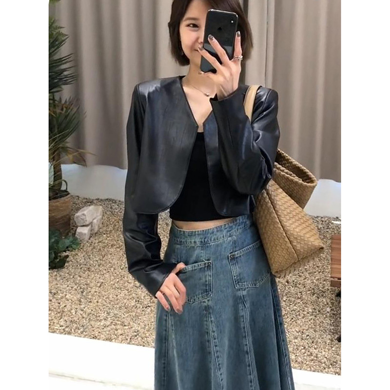 Jachetă decupată cu decolteu în V pentru femei în stil coreean Jachete din piele PU subțire, toamnă, cu mânecă lungă, haine elegante de modă, îmbrăcăminte pentru femei