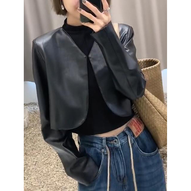 Jachetă decupată cu decolteu în V pentru femei în stil coreean Jachete din piele PU subțire, toamnă, cu mânecă lungă, haine elegante de modă, îmbrăcăminte pentru femei