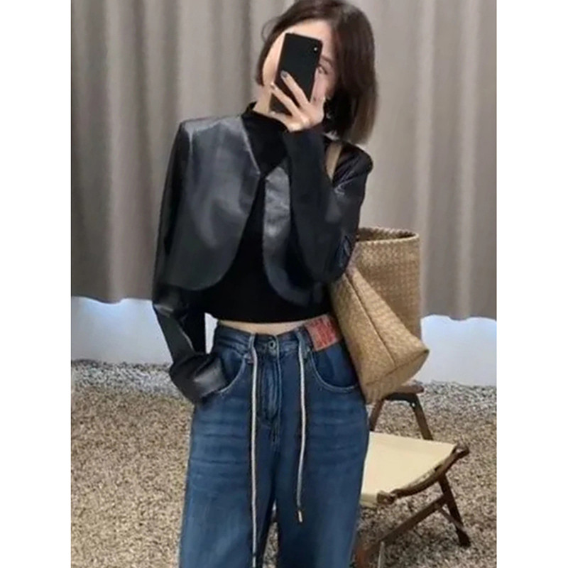 Jachetă decupată cu decolteu în V pentru femei în stil coreean Jachete din piele PU subțire, toamnă, cu mânecă lungă, haine elegante de modă, îmbrăcăminte pentru femei