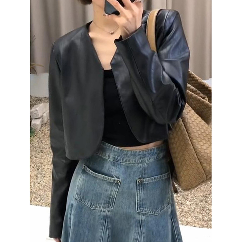 Jachetă decupată cu decolteu în V pentru femei în stil coreean Jachete din piele PU subțire, toamnă, cu mânecă lungă, haine elegante de modă, îmbrăcăminte pentru femei