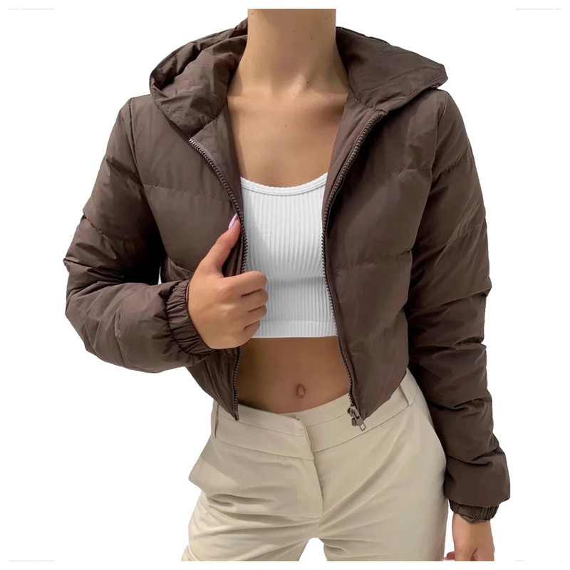 Palton maro de puf de toamnă iarnă Jachetă puf și paltoane pentru femei Mantocă căptușită din bumbac caldă Îmbrăcăminte exterioară Palton decupat cu glugă