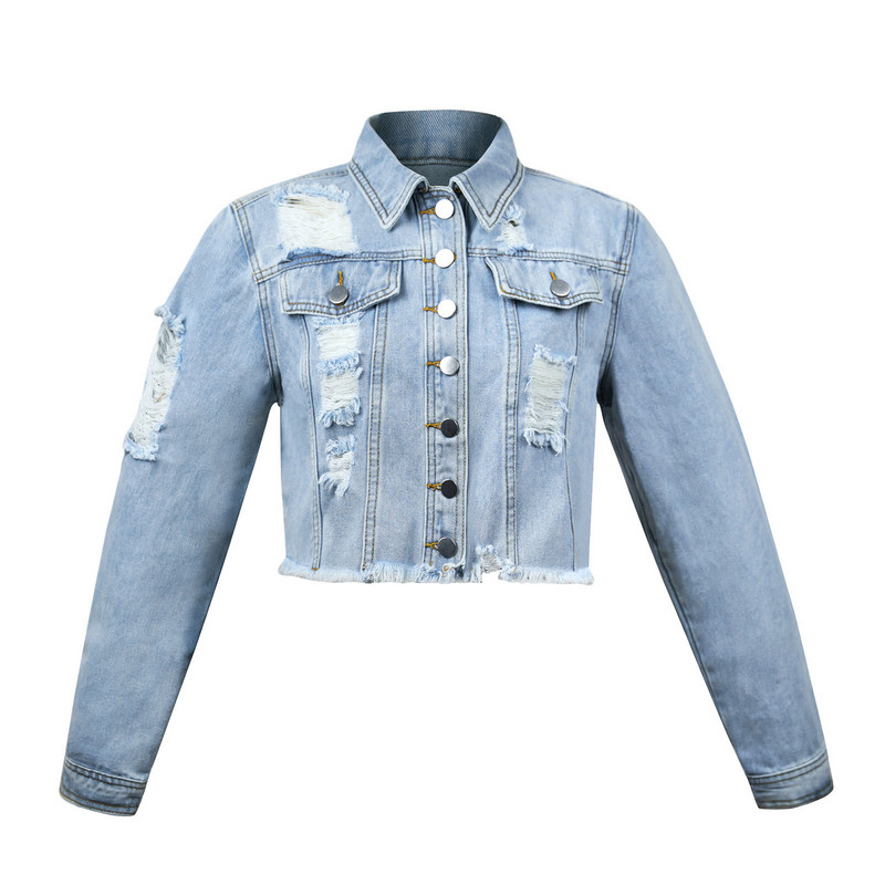 Дамско дънково яке Пролет Есен Късо палто Сини дънкови якета Ежедневни горнища Накъсани протрити тънки горнища Дамско горно облекло Casaco