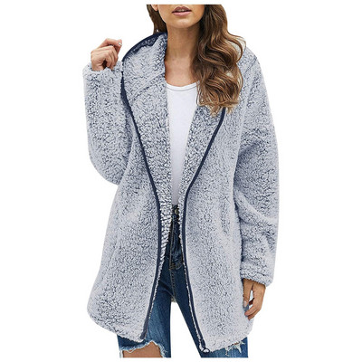Toamnă Iarnă Noi Femei Casual Culoare Solidă rever cu glugă cu mânecă lungă de pluș Pulovere largi elegant Cardigan Zilnic Oversize