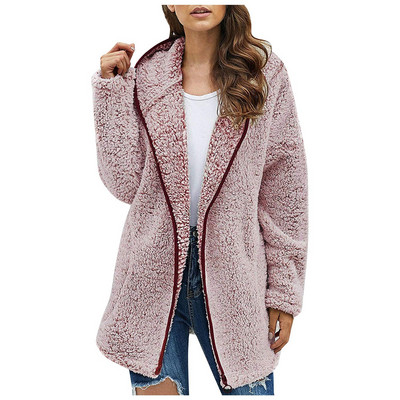 Toamnă Iarnă Noi Femei Casual Culoare Solidă rever cu glugă cu mânecă lungă de pluș Pulovere largi elegant Cardigan Zilnic Oversize