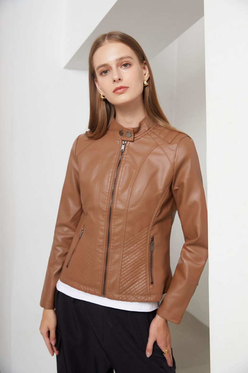 Női bőrdzseki, karcsúsított női kabát, nagy méretű tavaszi őszi kabát, állógallérú női PU bőrkabát