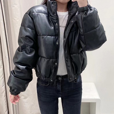 JulyPalette din piele solidă PU pentru femei Jachete scurte din bumbac pentru pâine iarnă groase și calde guler largi Parka pentru damă.