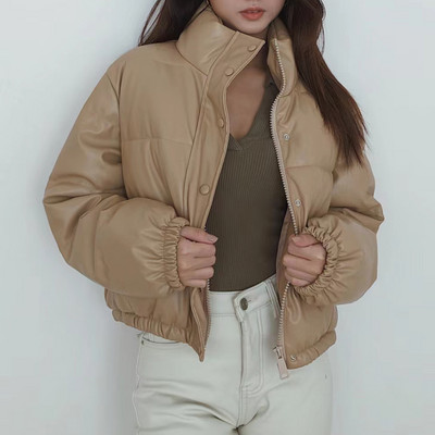 JulyPalette din piele solidă PU pentru femei Jachete scurte din bumbac pentru pâine iarnă groase și calde guler largi Parka pentru damă.