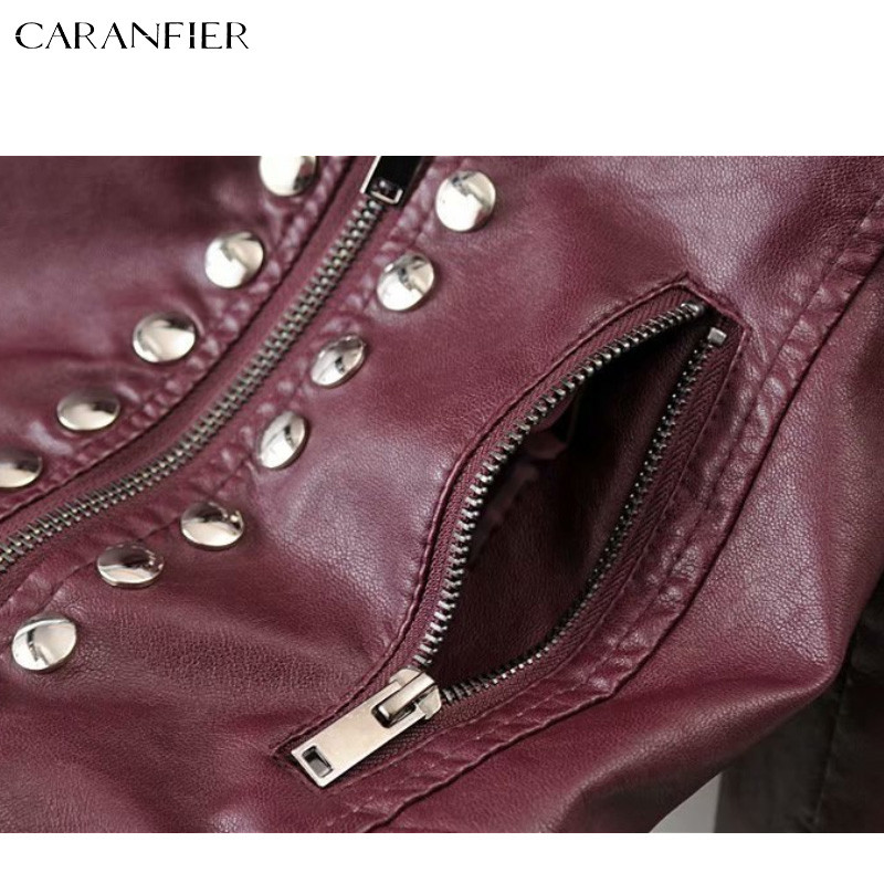 CARANFIER Jachetă de piele pentru femei, iarnă, toamnă, haină de doamnă, moale, din pânză artificială, nit, vintage, buzunar, motociclist, îmbrăcăminte exterioară pentru slăbit MĂRIME EU