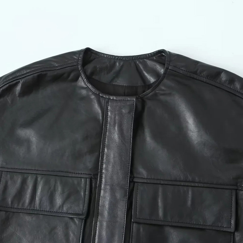 Jachetă cu buzunare mari din piele PU de toamnă 2023 pentru femei, ocazională, cu mânecă lungă, cu gâtul în formă de O, pentru femei, jachetă cu fermoar