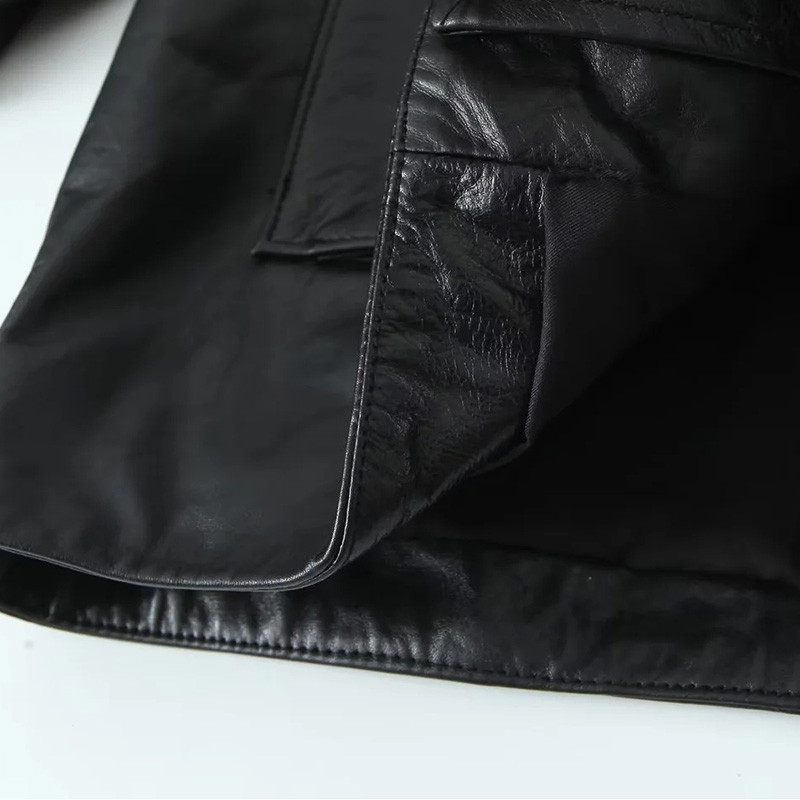 Jachetă cu buzunare mari din piele PU de toamnă 2023 pentru femei, ocazională, cu mânecă lungă, cu gâtul în formă de O, pentru femei, jachetă cu fermoar