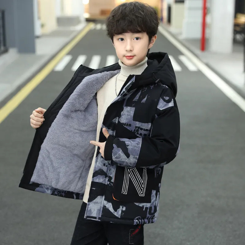 Moda băieți îngroșează paltoane calde pentru copii Parka de pluș de iarnă Îmbrăcăminte pentru copii pentru 7-14 ani Adolescent Jachete rezistente la vânt CH182