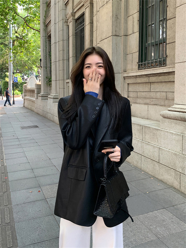 Palton din piele pentru femei Blazere mici negre Imbracaminte de exterior 2023 de primăvară la modă nouă, temperament liber, cu mânecă lungă, jachete din PU cu un singur piept