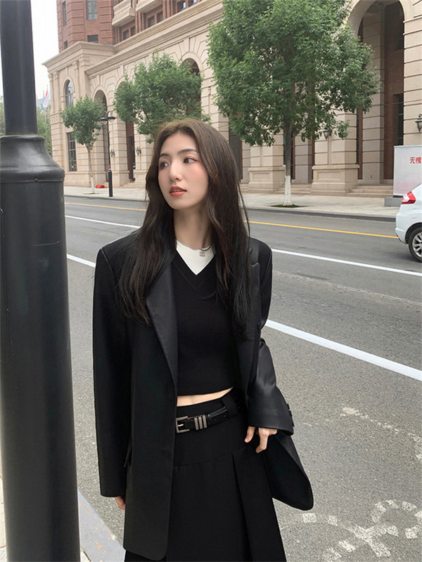 Palton din piele pentru femei Blazere mici negre Imbracaminte de exterior 2023 de primăvară la modă nouă, temperament liber, cu mânecă lungă, jachete din PU cu un singur piept