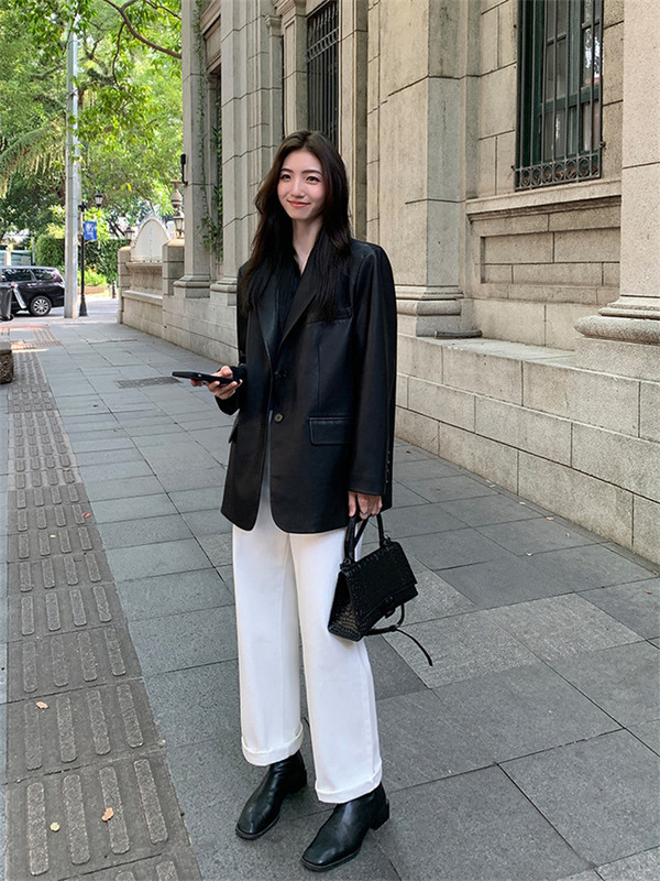 Palton din piele pentru femei Blazere mici negre Imbracaminte de exterior 2023 de primăvară la modă nouă, temperament liber, cu mânecă lungă, jachete din PU cu un singur piept