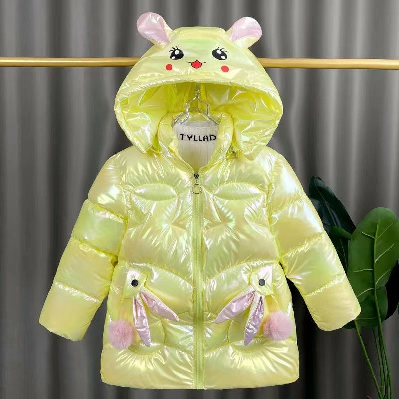 Jachetă de iarnă pentru fete 2023, haină drăguță, urechi de iepure, impermeabilă, strălucitoare, cu glugă, îmbrăcăminte exterioară pentru copii, 1-8 ani, pentru copii, parkas, costum de zăpadă