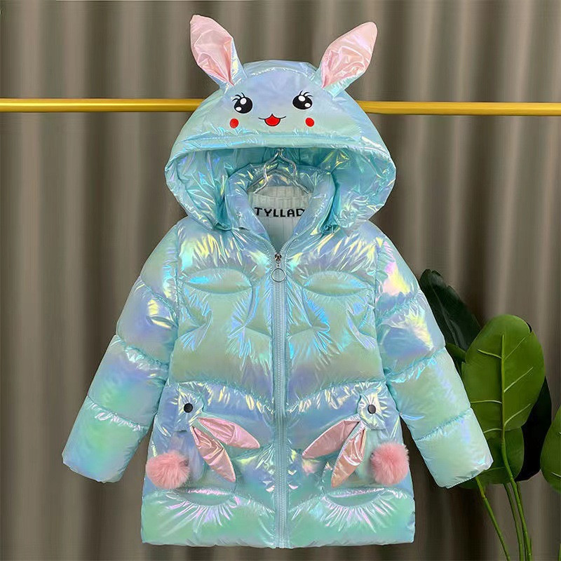Jachetă de iarnă pentru fete 2023, haină drăguță, urechi de iepure, impermeabilă, strălucitoare, cu glugă, îmbrăcăminte exterioară pentru copii, 1-8 ani, pentru copii, parkas, costum de zăpadă