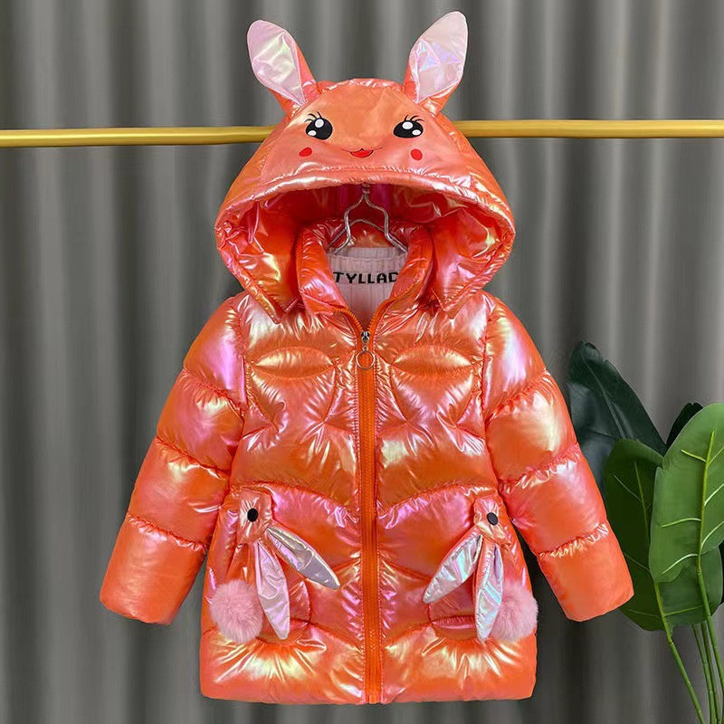 Jachetă de iarnă pentru fete 2023, haină drăguță, urechi de iepure, impermeabilă, strălucitoare, cu glugă, îmbrăcăminte exterioară pentru copii, 1-8 ani, pentru copii, parkas, costum de zăpadă