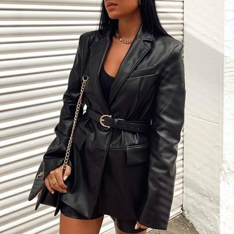 Jachetă de piele de vânzare la modă pentru femei, negru, nou, cu guler, haină de buzunar falsă, ocazional de primăvară, vrac, de marime mare, topuri cu mânecă lungă