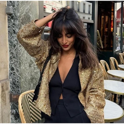Jachetă strălucitoare cu paiete pentru femei, toamnă iarnă, cu mânecă lungă, auriu, cu un singur piept, haină largi pentru femei, buzunar șic, îmbrăcăminte de stradă vintage