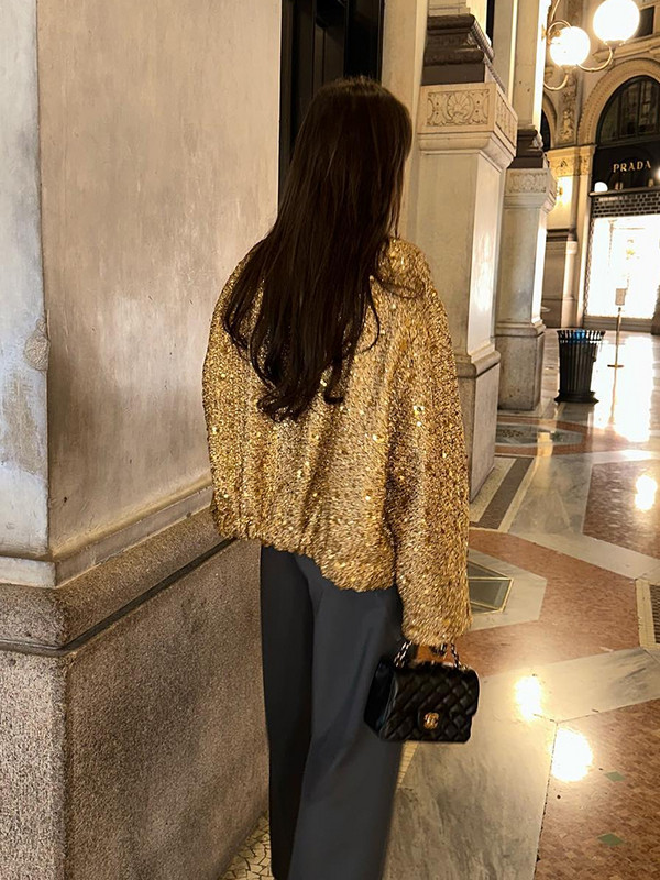 Jachetă strălucitoare cu paiete pentru femei, toamnă iarnă, cu mânecă lungă, auriu, cu un singur piept, haină largi pentru femei, buzunar șic, îmbrăcăminte de stradă vintage