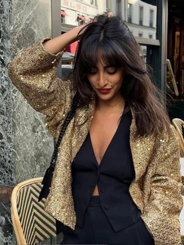 Jachetă strălucitoare cu paiete pentru femei, toamnă iarnă, cu mânecă lungă, auriu, cu un singur piept, haină largi pentru femei, buzunar șic, îmbrăcăminte de stradă vintage