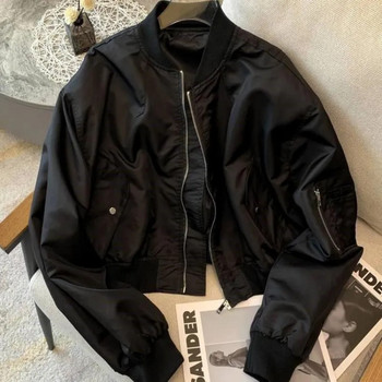 Vintage Cropped Bomber Jacket Γυναικεία Υπερμεγέθη Παλτό Streetwear Κορεατικής μόδας Casual με φερμουάρ O λαιμόκοψη κοντά μαύρα ρούχα