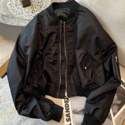 Vintage Cropped Bomber dzseki Női Túlméretes Utcai Kabátok Koreai divat Alkalmi cipzár O Nyak Nyakú Rövid Fekete Felsőruházat