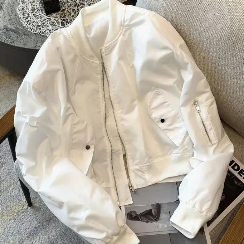 Jachetă bomber decupată vintage, haine de stradă supradimensionate pentru femei, modă coreeană, ocazional, cu fermoar, decolteu, scurt, îmbrăcăminte neagră