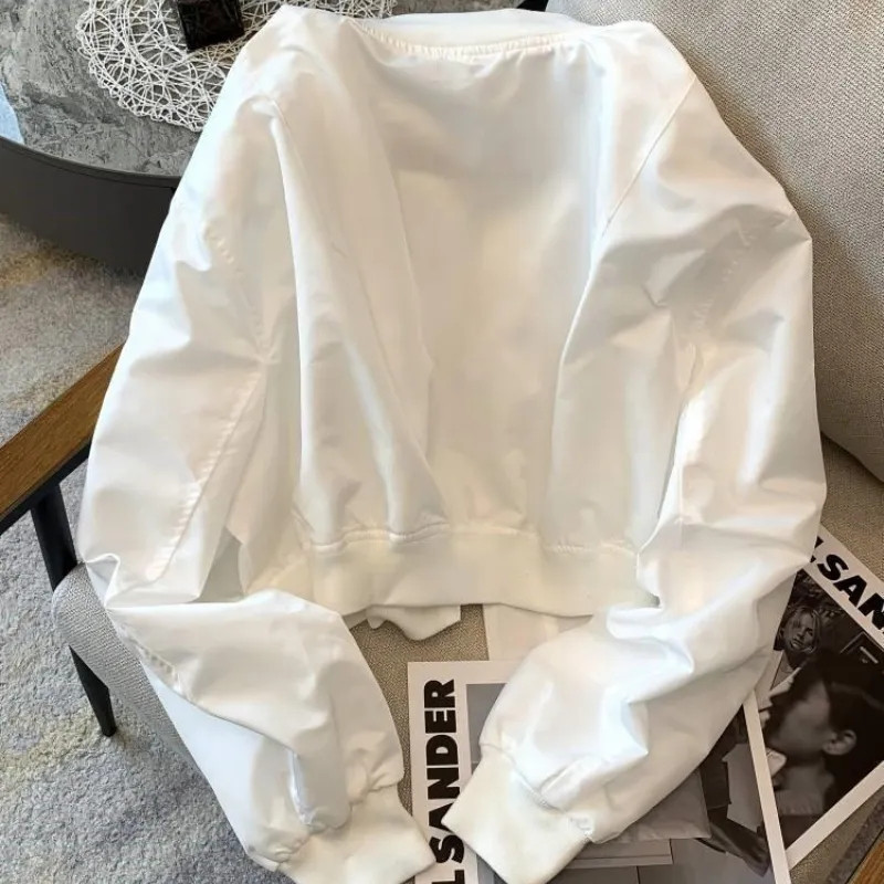 Jachetă bomber decupată vintage, haine de stradă supradimensionate pentru femei, modă coreeană, ocazional, cu fermoar, decolteu, scurt, îmbrăcăminte neagră