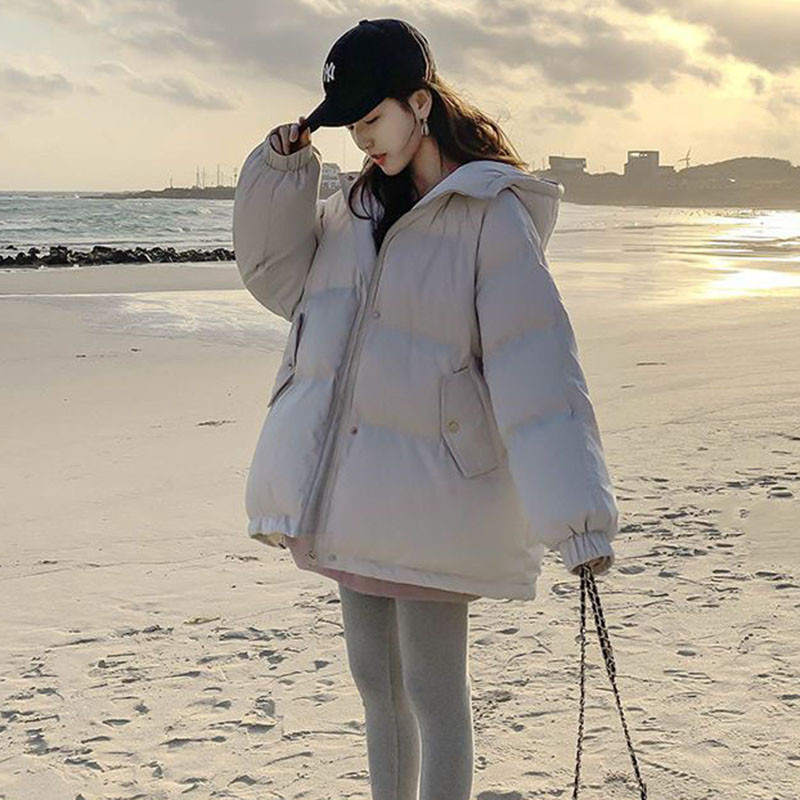 Parka din bumbac coreeană pentru femei, cu glugă, haină supradimensionată de iarnă, groasă, caldă, largi, jachetă puf pentru femei, la modă solidă, cu fermoar.