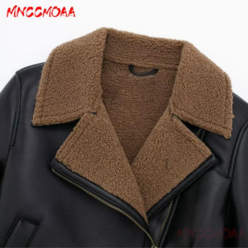 MNCCMOAA 2023, iarnă, moda pentru femei, jachetă din piele artificială, cu mâneci lungi, buzunare cu fermoar, îmbrăcăminte exterioară caldă