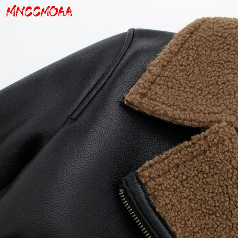MNCCMOAA 2023, iarnă, moda pentru femei, jachetă din piele artificială, cu mâneci lungi, buzunare cu fermoar, îmbrăcăminte exterioară caldă