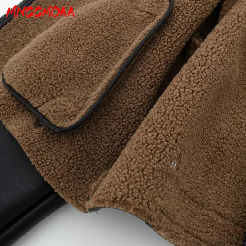 MNCCMOAA 2023, iarnă, moda pentru femei, jachetă din piele artificială, cu mâneci lungi, buzunare cu fermoar, îmbrăcăminte exterioară caldă