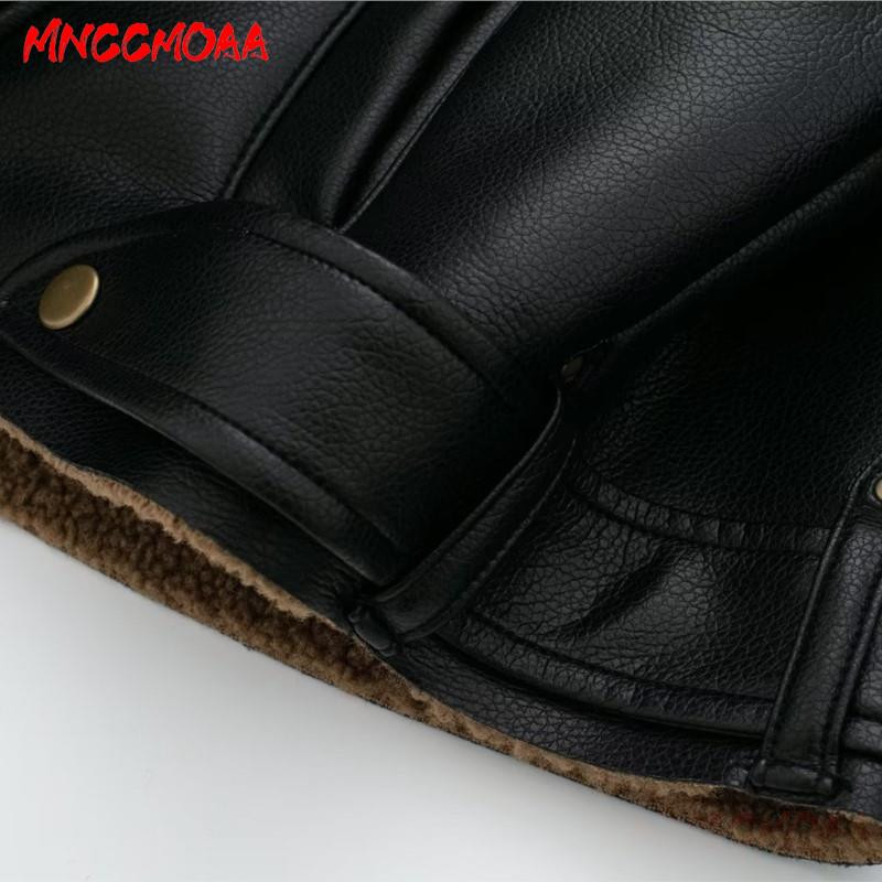 MNCCMOAA 2023, iarnă, moda pentru femei, jachetă din piele artificială, cu mâneci lungi, buzunare cu fermoar, îmbrăcăminte exterioară caldă