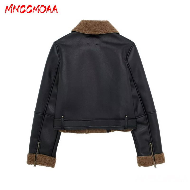 MNCCMOAA 2023, iarnă, moda pentru femei, jachetă din piele artificială, cu mâneci lungi, buzunare cu fermoar, îmbrăcăminte exterioară caldă