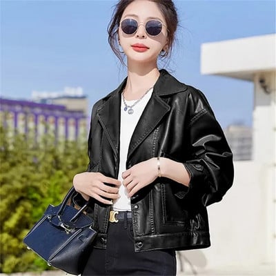 Jachetă de piele nouă de toamnă 2023, haină moale din piele PU pentru femei, îmbrăcăminte scurtă, neagră, la modă, stil de stradă