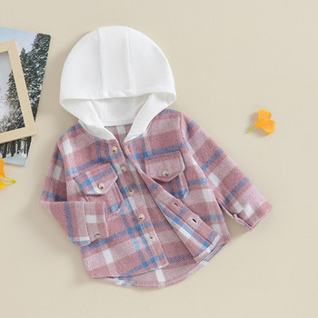 0-4 г. Бебе момчета Карирана риза Яке Есенно облекло за малки деца Детски палта с качулка и копчета с дълъг ръкав Връхни дрехи с джобове