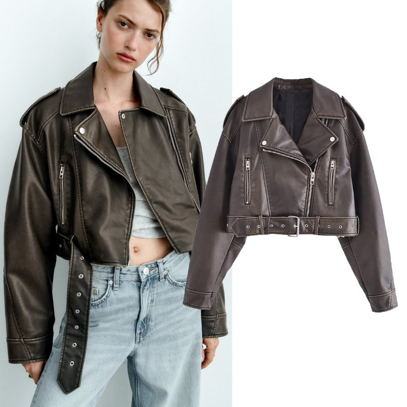 Moda Stradă Feng Shui Spălare Gradient Motocicletă Personalitate Femei Toamnă și Iarnă Nouă Jachetă scurtă din imitație de piele