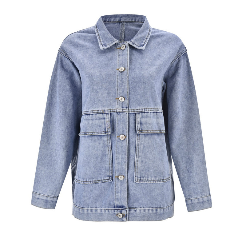 Jachetă de blugi de modă vintage Îmbrăcăminte exterioară Jachete de blugi pentru femei de culoare solidă, cu mânecă lungă, buzunare, versatile.