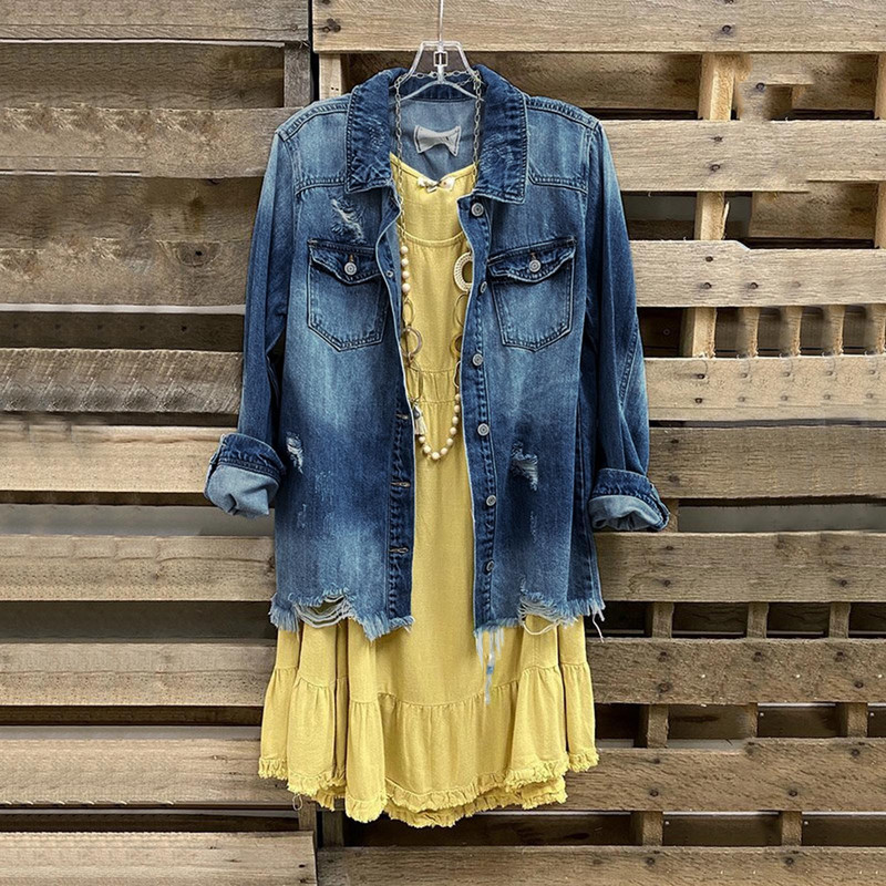 Sieviešu džinsu jaka Amerikāņu retro ar garām piedurknēm, džinsa jaka rudens un ziemas daudzpusīgi mēteļi amerikāņu retro Y2k krekla mētelis
